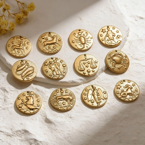 18K Gold Plated Stainless Steel 12 Zodiac Constellation Relief Round Coin Pendant For DIY Jewelry Making Necklace Accessories