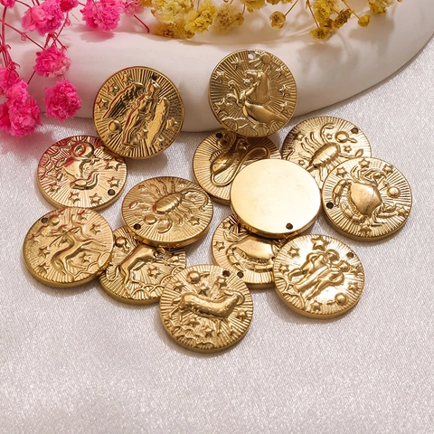 18K Gold Plated Stainless Steel 12 Zodiac Constellation Relief Round Coin Pendant For DIY Jewelry Making Necklace Accessories