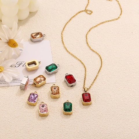 Stainless Steel Rectangle Glass Pendant Emerald Cut Crystal Charms For DIY Necklace Earring Making Gold Silver Plated Accessories