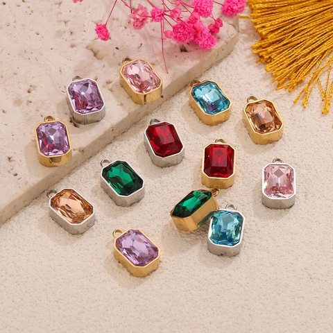 Stainless Steel Rectangle Glass Pendant Emerald Cut Crystal Charms For DIY Necklace Earring Making Gold Silver Plated Accessories