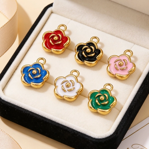Stainless Steel Camellia Rose Flower Pendant Enamel Oil Dripping Real Gold Plated Charms For DIY Jewelry Making Findings