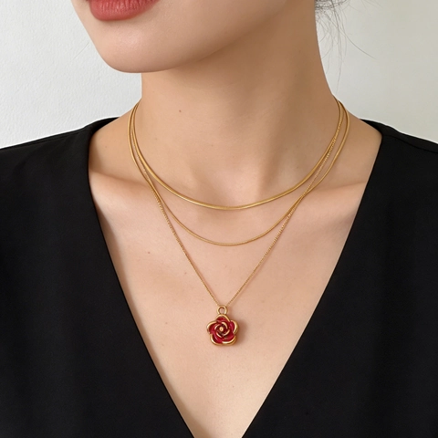 Stainless Steel Camellia Rose Flower Pendant Enamel Oil Dripping Real Gold Plated Charms For DIY Jewelry Making Findings