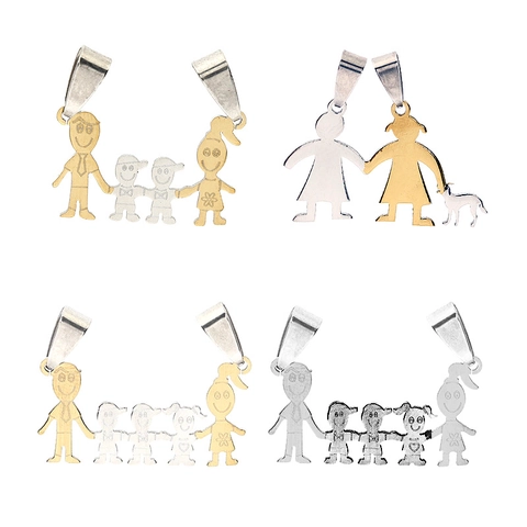 Stainless Steel Family Figure Pendant For Necklace Cartoon Couple Parents Kids Dog Silhouette Charm Without Chain Jewelry