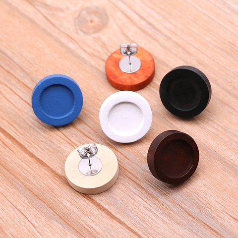 Round Wood Earring Tray Base With Stainless Steel Post DIY Jewelry Finding Wood Cabochon Setting Earring Making Supplies