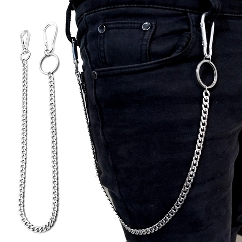 Men's Stainless Steel Hip Hop Pants Chain Curb Chain Waist Belt Chain With Carabiner For Jeans Wallet Keychain Jewelry