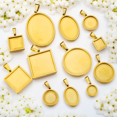 Stainless Steel Bezel Pendant Trays With Pinch Bails Round Oval Square Geometric Cabochon Base DIY Jewelry Making Findings