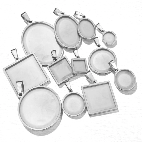 Stainless Steel Bezel Pendant Trays With Pinch Bails Round Oval Square Geometric Cabochon Base DIY Jewelry Making Findings