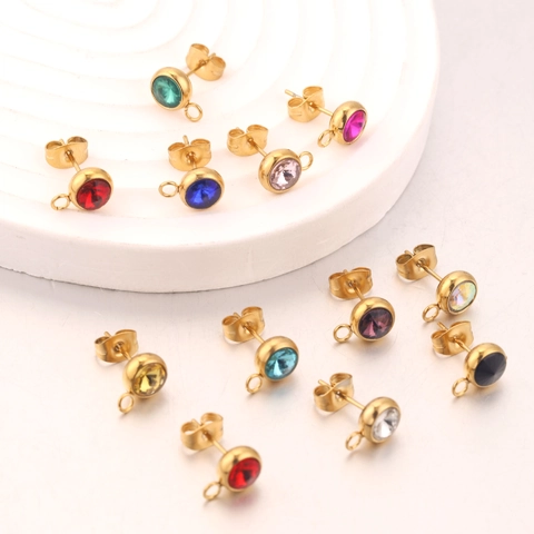Stainless Steel Round Rhinestone Stud Earring Post With Loop For DIY Jewelry Making Findings Earring Accessories Women