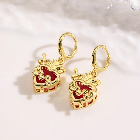 Gothic Red Heart Dangle Earrings For Women 18K Gold Plated Copper Sacred Heart Sword Rose Cross Zirconia Hoop Earrings