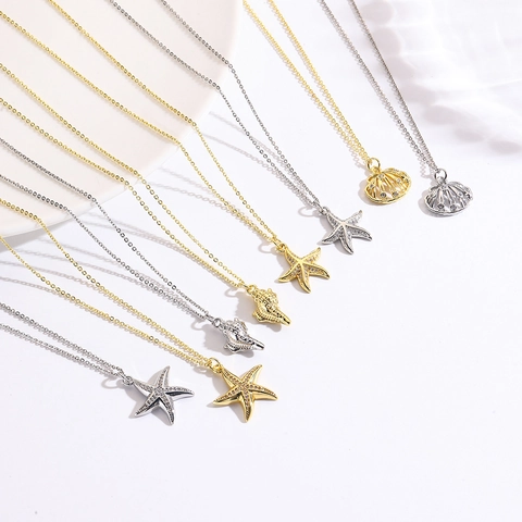 Collier Pendentif Étoile de Mer Conque Coquillage en Cuivre et Zirconia Or Argent Série Marine Bijoux pour Femmes Vacances à la Plage