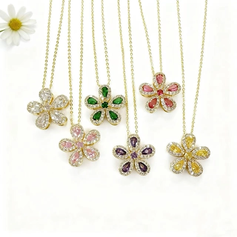 18 Karat Vergoldet Kupfer Blume Anhänger Halskette Mit Bunten Zirkonia Birnenschliff Floral Eingelegt Eleganter Schmuck Damen