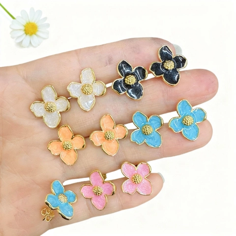 Enamel Four Petal Flower Stud Earrings For Women Copper Gold Plated Drip Oil Floral Ear Jewelry Elegant Commuter Earrings Gift