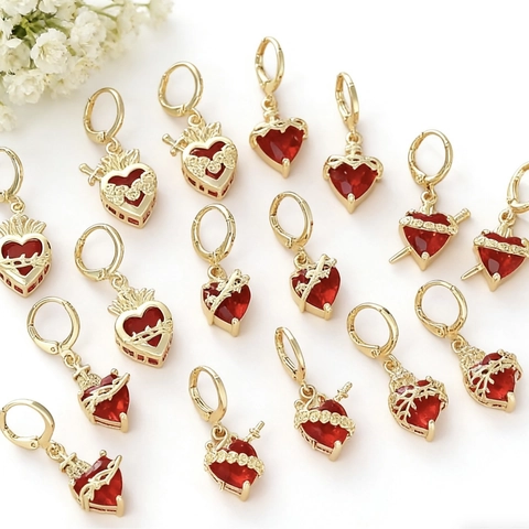 Gothic Red Heart Dangle Earrings For Women 18K Gold Plated Copper Sacred Heart Sword Rose Cross Zirconia Hoop Earrings
