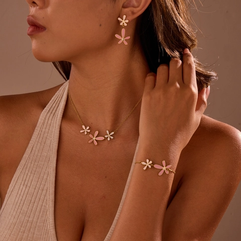 Modieuze Roestvrij Staal Emaille Bloem Sieradenset Voor Vrouwen Daisy Rhinestone Ketting Armband Oorbellen