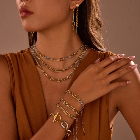 Conjunto de Joyas de Cadena Bicolor Oro y Plata de Acero Inoxidable para Mujer Collar Pendientes Pulsera Estilo Industrial