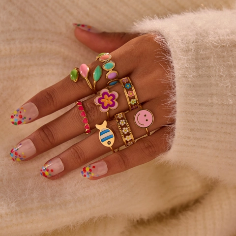 Vergoldeter Edelstahl Mehrfarbig Emaille Blume Herz Smiley Offener Ring Verstellbar Für Damen Boho Y2K Schmuck Geschenk