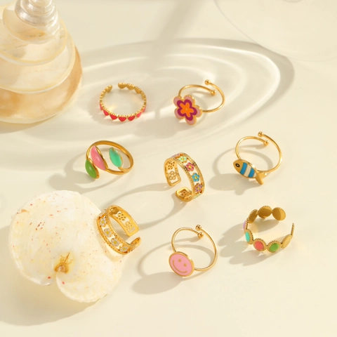 Vergoldeter Edelstahl Mehrfarbig Emaille Blume Herz Smiley Offener Ring Verstellbar Für Damen Boho Y2K Schmuck Geschenk