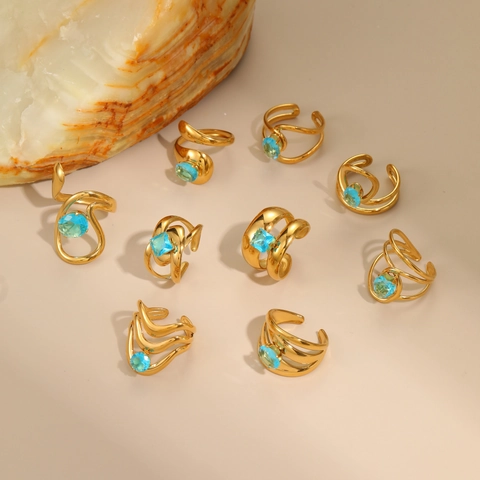Irregular Hollow Stainless Steel Ring Blue Zirconia Inlay 18K Gold Plated Open Adjustable Artistic Fashion Jewelry Finger Ring For Women Gift