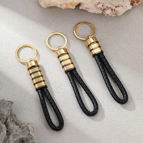 Business Men Woven Leather Keychain Stainless Steel Key Ring DIY Braided Leather Strap Car Key Accessories Men Gift