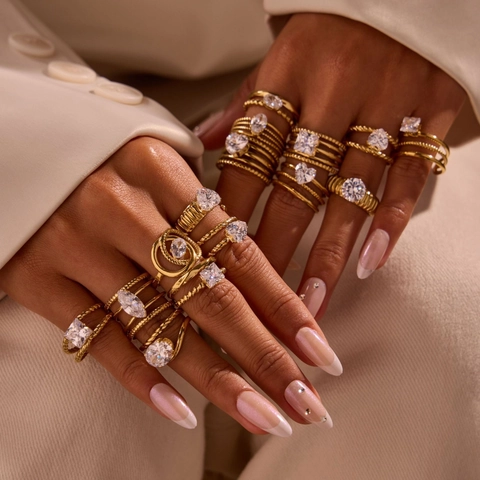 Ins Mode 18K Verguld Roestvrij Staal Verstelbare Ring Lichte Luxe Strass Inlay Open Ring Voor Vrouwen Sieraden