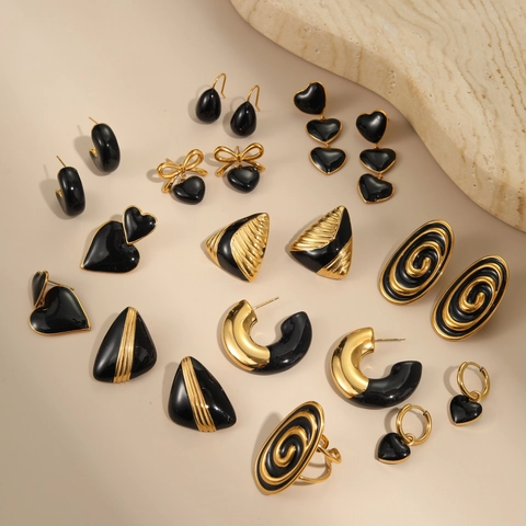 Vintage Edelstahl Schwarz Emaille Ohrringe Für Damen Geometrische Herz Ohrstecker C-Hoop Spiral Ohrringe Mode Schmuck