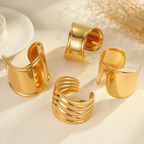 Brazalete de Acero Inoxidable para Mujer Diseño de Banda Ancha Abierta Textura de Onda Oro Plata Joyería de Moda Regalo