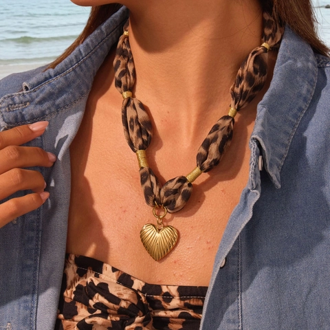 Leopard Print Fabric Stainless Steel Necklace Gold Heart Pendant Bohemian Style Choker Jewelry Gift For Women