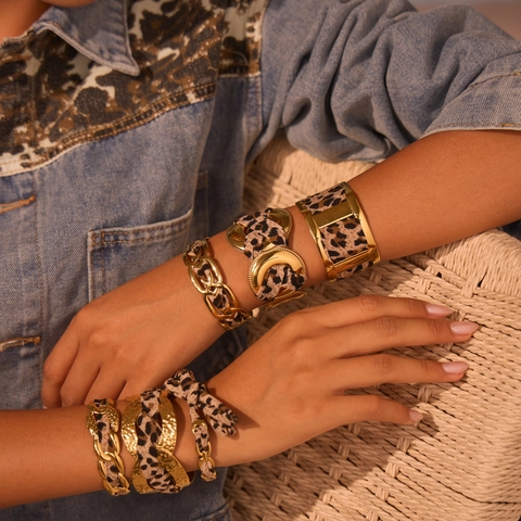 Joyas de Acero Inoxidable Satén con Estampado de Leopardo Collar Pendientes Pulsera Anillo Colgante de Corazón Sol Mujer
