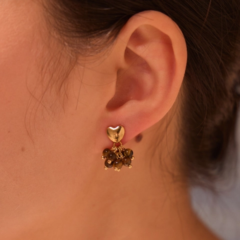 Vintage Stainless Steel Heart Beaded Stud Earrings For Women Gold Plated Natural Stone Artificial Pearl Cluster Jewelry