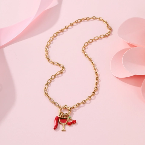 Collier Pendentif Cerise Piment Verre à Vin en Acier Inoxydable pour Femmes Plaqué Or Émail Charme de Fruits Bijoux Chaîne Épaisse