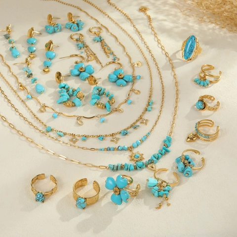 Joyería de Acero Inoxidable Turquesa Bohemio Collar Pendientes Y Anillos Vintage Chapado en Oro 18K Flor Corazón Mujer
