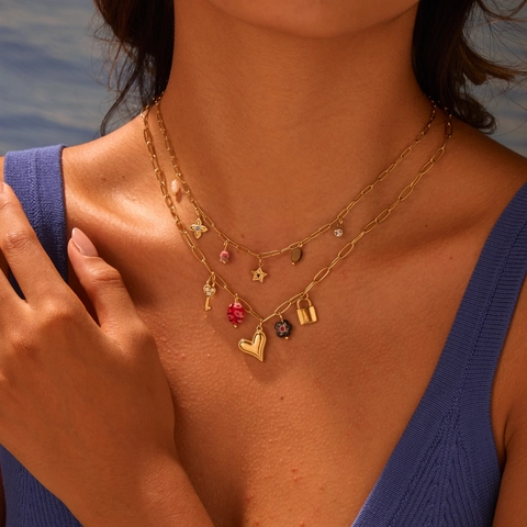 Mode Roestvrij Staal Hart Slot Sleutel Hanger Halsketting Voor Vrouwen Goud Schakelketting Ster Kunstparel Charms Sieraden