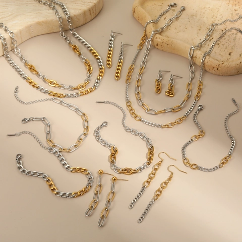 Juego de Joyas de Acero Inoxidable de Metal Mixto Collar Pulsera Pendientes de Cadena de Dos Tonos para Mujer Chapado en Oro Plata Estilo Industrial