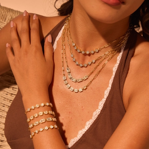 Fashion Stainless Steel Zirconia Heart Square Round Pendant Paperclip Chain Necklace Bracelet Set For Women Luxury Daily Jewelry