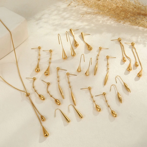 Minimalist Stainless Steel Water Drop Tassel Earrings For Women Gold Silver Snake Chain Long Pendant Y-Shaped Necklace Set