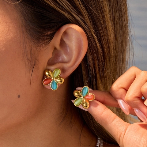 Edelstahl Blumen Ohrstecker Bunter Künstlicher Katzenaugenstein 18K Vergoldet Vintage Blumen Schmuck Für Damen