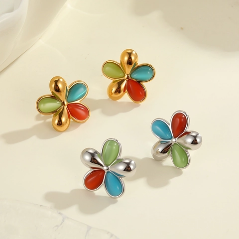 Edelstahl Blumen Ohrstecker Bunter Künstlicher Katzenaugenstein 18K Vergoldet Vintage Blumen Schmuck Für Damen