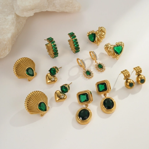 Vintage 18K Gold Plated Stainless Steel Emerald Zircon Earrings For Women Retro French Style Green Jewelry Gift