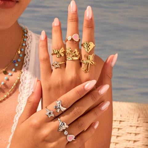 Light Luxury Stainless Steel Heart Star Bowknot Open Ring For Women Elegant Rhinestone Inlaid Adjustable Lava Texture Finger Ring Jewelry Gift