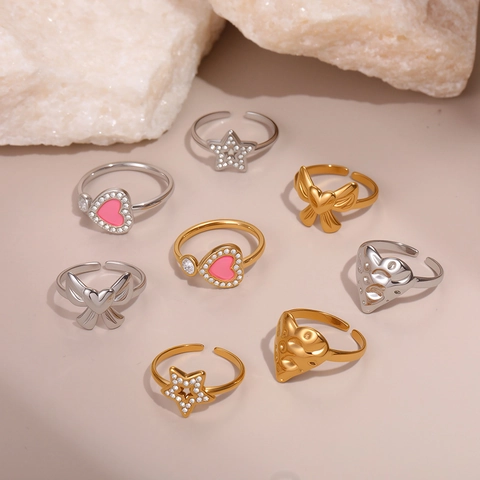 Light Luxury Stainless Steel Heart Star Bowknot Open Ring For Women Elegant Rhinestone Inlaid Adjustable Lava Texture Finger Ring Jewelry Gift