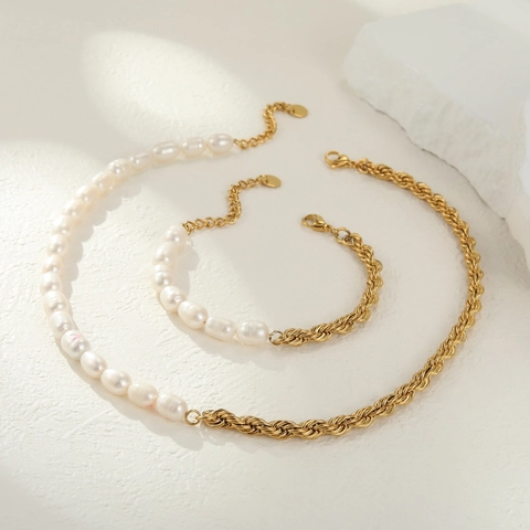 Mode Edelstahl 18 Karat Vergoldet Süßwasserperlen Spleißen Halskette Und Armband Damen Elegant Barock Süßwasserperle Twist Kette Schmuck
