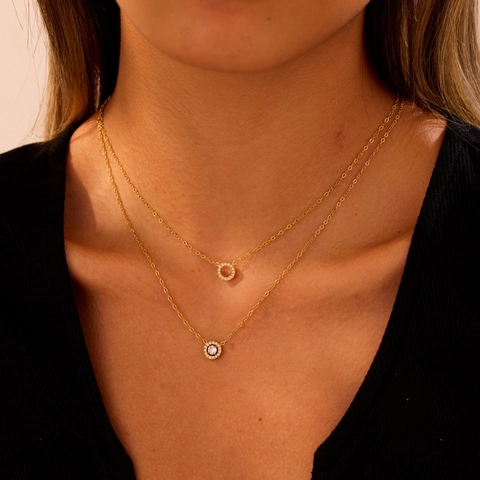 Minimalist Double Layer Stainless Steel Necklace For Women Geometric Round Ring Pendant Pave Rhinestone Gold Steel Neck Jewelry