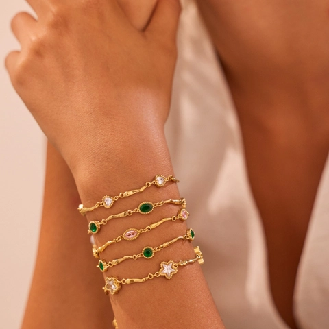 Luxe Roestvrijstalen Armband Met Kleurrijke Strass Geometrische Ster Hart Hanger Vergulde Armband Voor Vrouwen Sieraden Cadeau