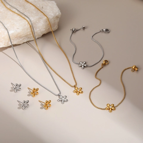 Stainless Steel Floral Flower Pendant Necklace Elegant Dainty Rhinestone Bracelet Stud Earrings Jewelry Accessories For Women