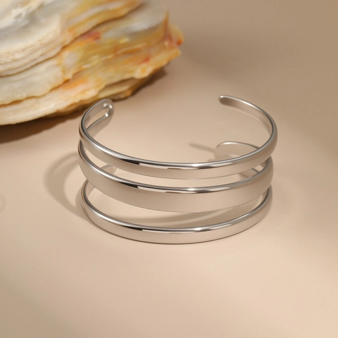 Stainless Steel Open Cuff Bangle For Women Minimalist French Geometric Wave Texture Star Adjustable Jewelry Wristband Accessories