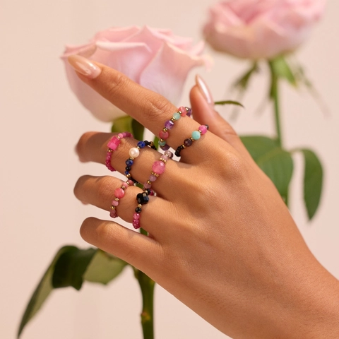 Handmade Natural Stone Beaded Stretch Ring Stainless Steel 18K Gold Plated Artificial Pearl Elastic Bohemian Rings For Women