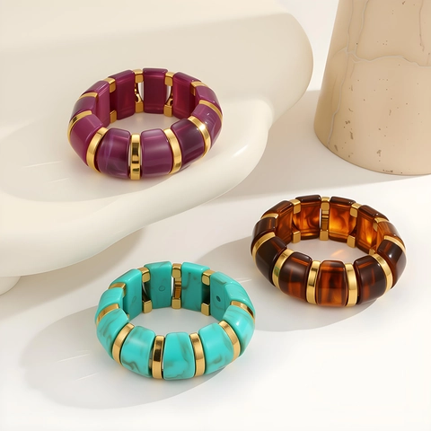 Bracelet Élastique Épais en Résine et Acier Inoxydable Irrégulier Vintage pour Femme Jonc Extensible Bijoux Mode Retro