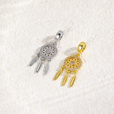 Boho Copper 18K Gold Plated Dreamcatcher Feather Pendant Zirconia Inlaid Charm For Women Jewelry Necklace DIY Accessory