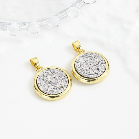 Vintage 18K Gold Plated Copper Round Madonna Medal Pendant Only Two Tone St Benedict Coin Accessory For Women Jewelry