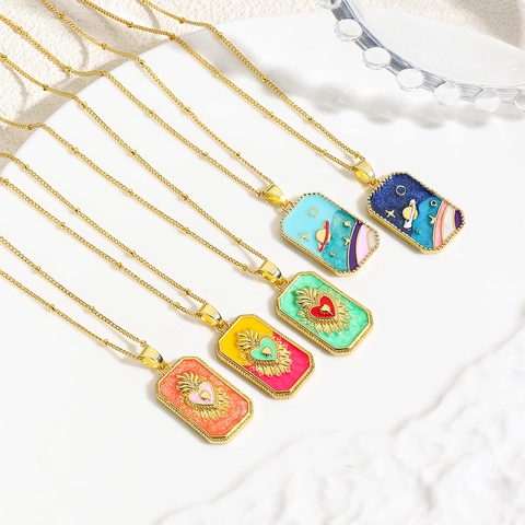 Vintage Copper Enamel Tarot Card Pendant Necklace For Women Heart Universe Starry Sky Planet Gold Plated Boho Fashion Jewelry